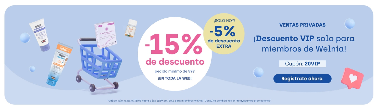 descuento -20% en pedidos superiores a 59€ con cupón 20VIP ventas privadas en welnia