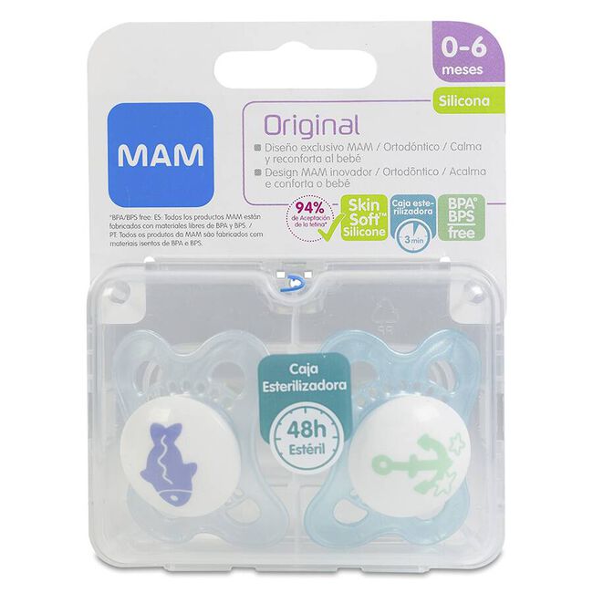 Mam Chupete Original Silicona 0+ Azul, 2 Unidades