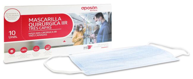 Aposán Mascarilla Quirúrgica IIR 3 Capas Azul, 10 Unidades