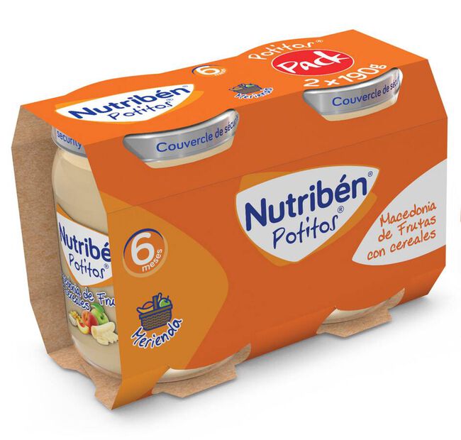 Pack Nutribén Potitos Macedonia de Frutas con Cereales, 2 x 190 g