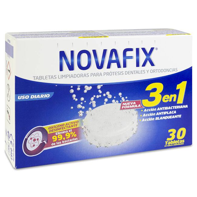 Novafix Tabletas Limpiadoras Prótesis Dental Antibacterianas 3 en 1, 30 Unidades