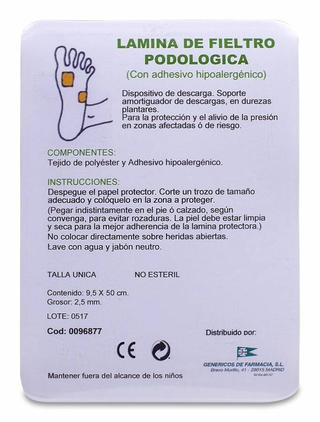 Genéricos de Farmacia Lámina Fieltro Podológica 9,5 x 50 cm, 1 Ud