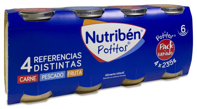 Nutribén Potitos Carne, Fruta y Pescado, 4 x 235 g