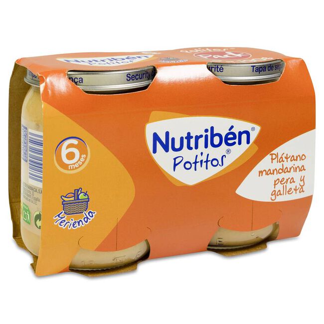Pack Nutribén Potitos Merienda Plátano Mandarina Pera Galleta, 2 x 190 g