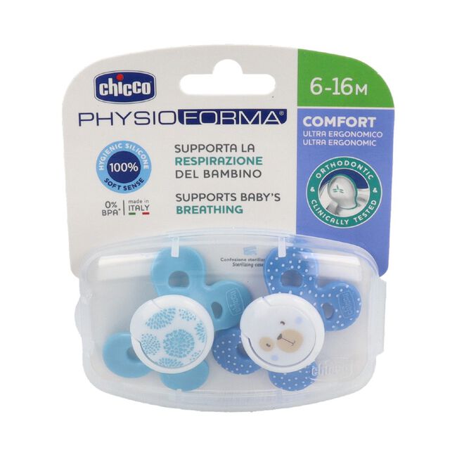 Chicco Physio Comfort Chupete de Silicona de 6-16 Meses Tonos Azules, 2 Unidades