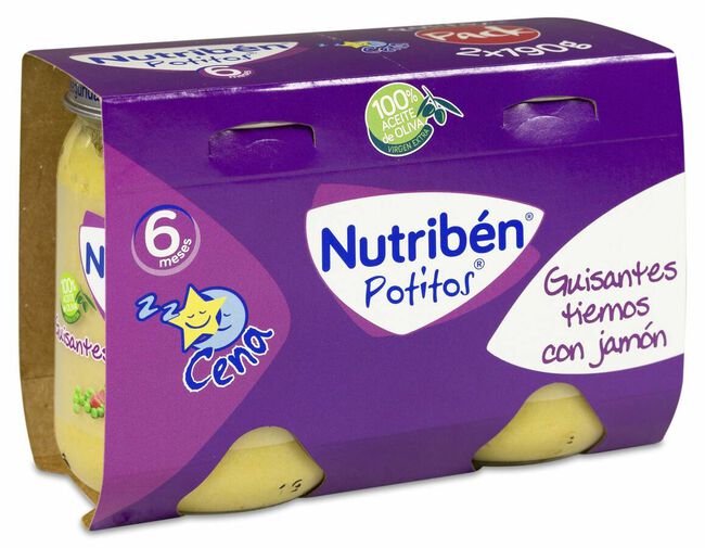 Nutribén Potitos Guisantes Tiernos con Jamón, 2 Uds