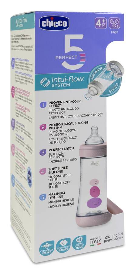 Chicco Biberón Perfect 5 +4 Silicona Rosa, 300 ml