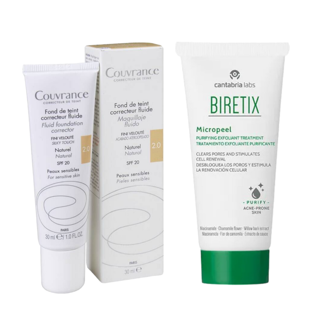 Pack Avène Couvrance Maquillaje Fluido + Biretix Micropeel Tratamiento Exfoliante