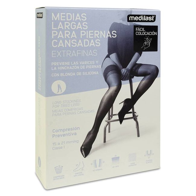 Medilast Medias de Compresión Preventiva Largas con Blonda para Piernas Cansadas de Fácil Colocación 421 Negro Talla XL, 1 Par