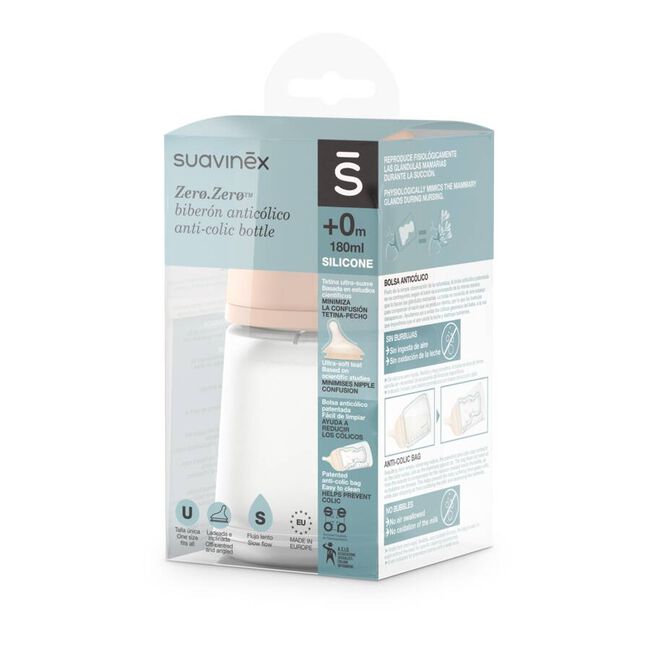Suavinex Zero Zero Biberón Anticólicos 180 ml con Tetina de Flujo Lento, 1 Ud