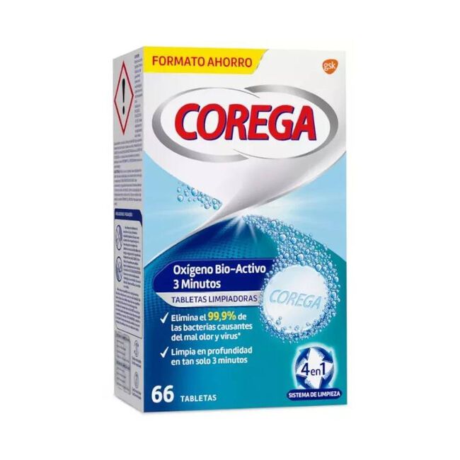 Corega Oxígeno Bio-Activo Limpieza Prótesis Dental, 66 Uds