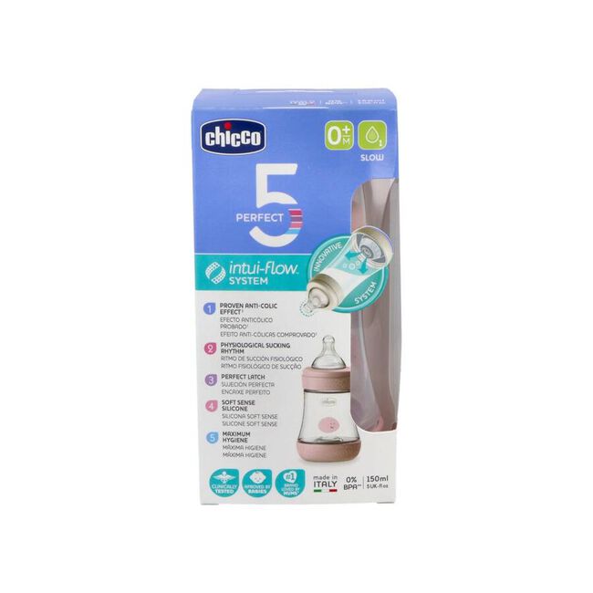 Chicco Biberón Perfect5 0+ Meses Silicona Rosa, 150 ml