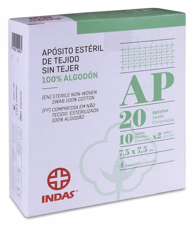 Indas Apósito Estéril Tejido Sin Tejer 100% Algodón 7,5 x 7,5 cm, 20 Uds