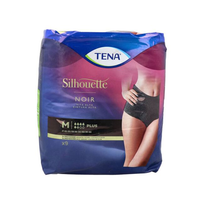 Tena Silhouette Cintura Alta Negro M, 9 unidades