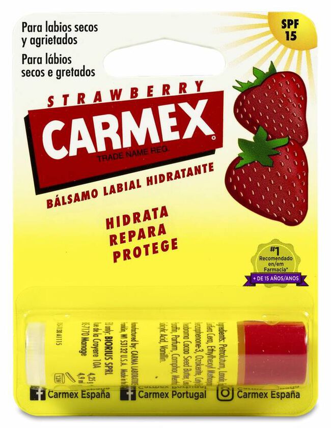 Carmex Strawberry Bálsamo Labial Hidratante SPF 15, 4,25 g