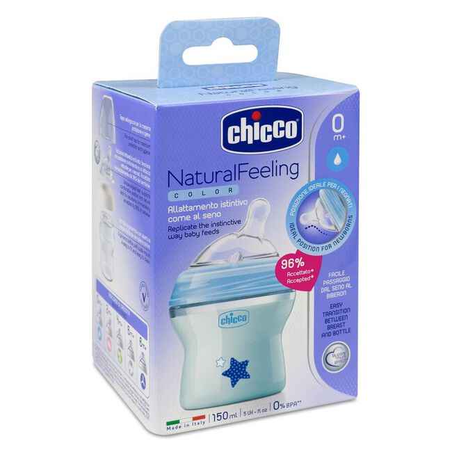 Chicco Biberón Natural Feeling Silicona 0m+ 150 ml Azul, 1 Ud