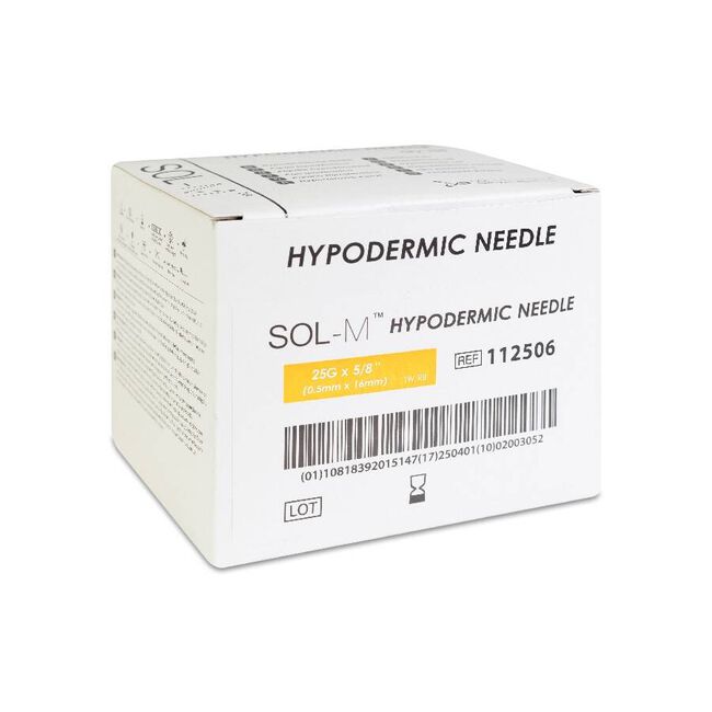 Pack Sol-Millennium Aguja Hipodérmica 0.5 x  16 mm 25G 5/8″, 100 Unidades