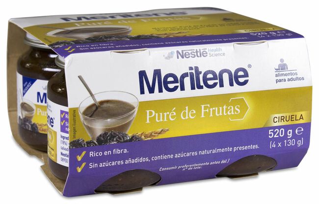 Meritene Puré de Frutas Rico en Fibra Sabor Ciruela, 4 Uds
