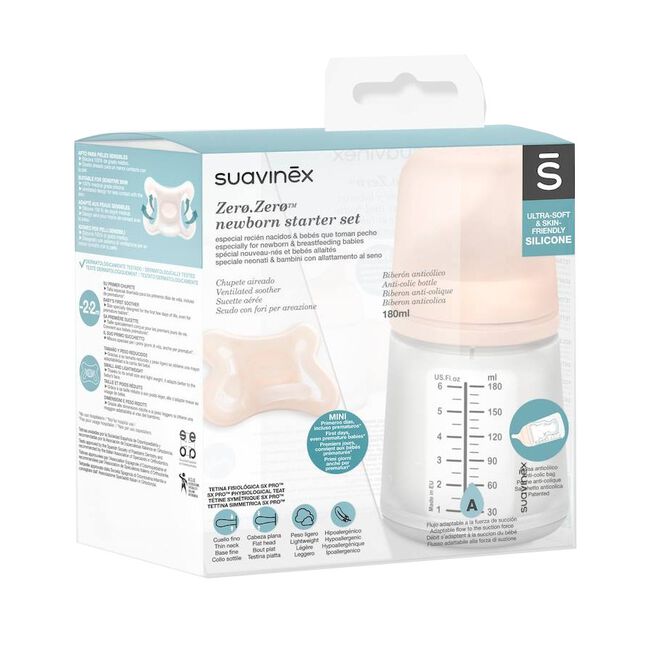 Pack Suavinex Set Inicio Zero Zero Biberón Flujo Adaptable + Chupete Mini, 180 ml + 1 Unidad