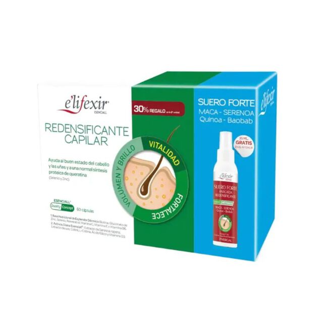 Pack Elifexir Esenciall Redensificante + Suero Forte Maca-Serenoa-Quinoa-Baobab, 60 Cápsulas + 35 ml