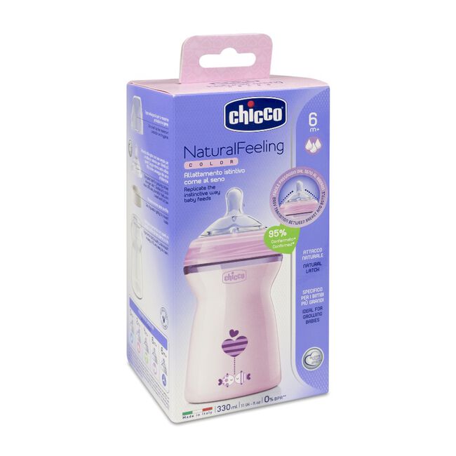 Chicco Natural Feeling Biberón de Plástico +6meses Tetina Flujo Rápido Color Rosa, 330 ml