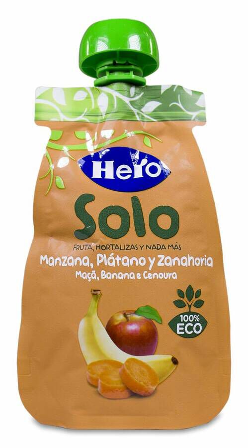 Bolsita de plátano, pera y naranja ecológica Hero Solo pack sin gluten 4  unidades de 100 g.