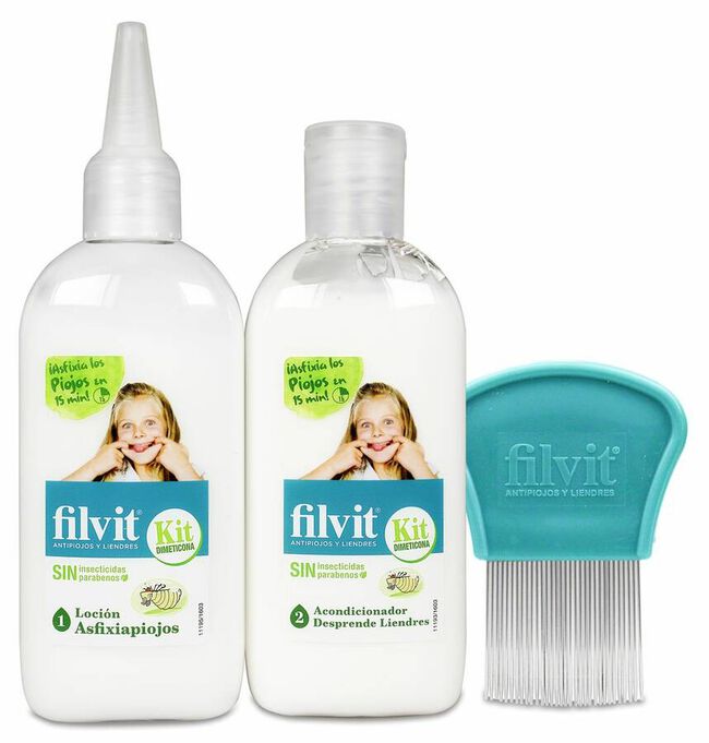 Filvit Kit Antipiojos Loción Dimeticona + Acondicionador + Lendrera, 1 Ud