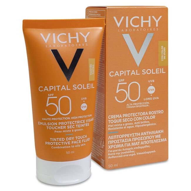 Vichy Idéal Soleil BB Emulsión Tacto Seco SPF 50 con Color, 50 ml