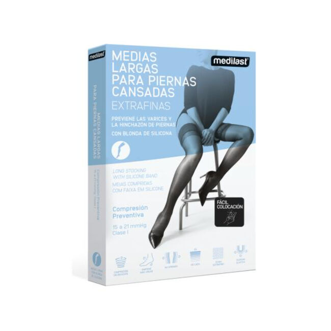 Medilast Medias de Compresión Preventiva Largas con Blonda para Piernas Cansadas de Fácil Colocación 421 Negro Talla L, 1 Par