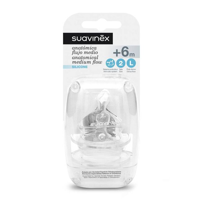 Suavinex Tetina Anatómica de Silicona Talla 2 Flujo Denso +6m, 2 Uds