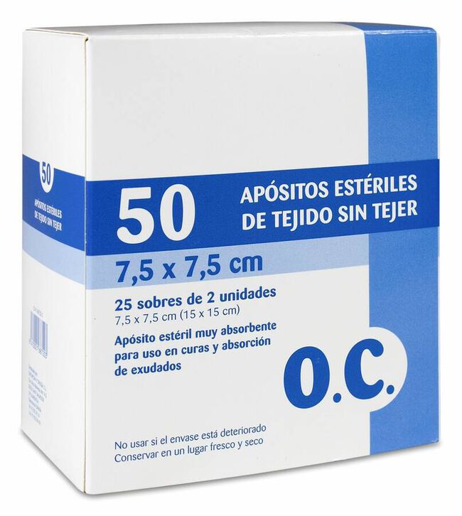 O.C. Apósitos Estériles Tejido sin Tejer 7,5 x 7,5 cm, 50 Uds