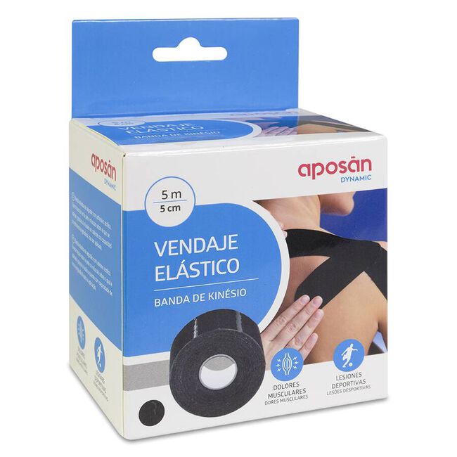 Aposán Dynamic Vendaje Elástico Kinésio Negro 5 cm x 5 m, 1 Unidad
