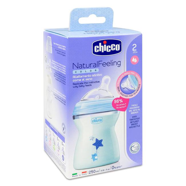 Chicco Biberón Natural Feeling Silicona 2m+ 250 ml Azul, 1 Ud