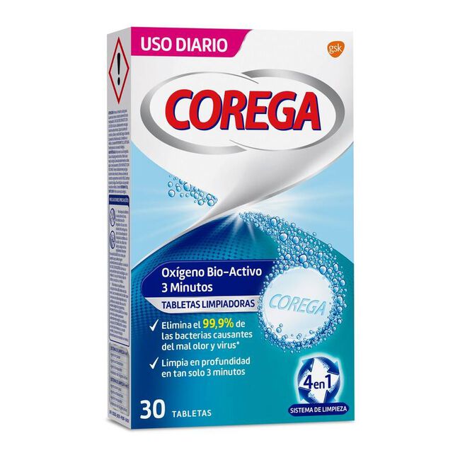 Corega Oxigeno Bio-Activo Limpieza Prótesis Dental, 30 Uds