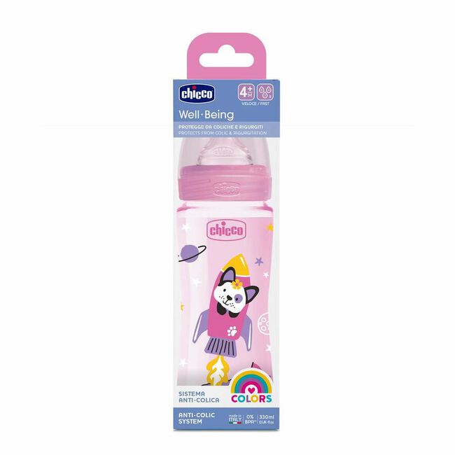 Chicco Biberón Well-Being Silicona 4m+ 330 ml Rosa, 1 Ud