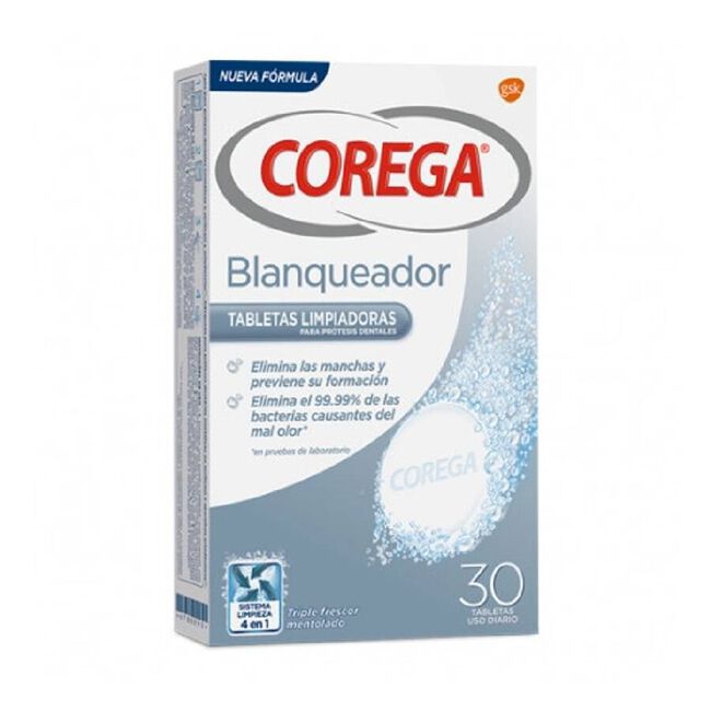 Corega Blanqueador Limpieza Prótesis Dental, 30 Uds