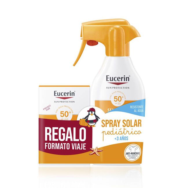 Pack Eucerin Protector Solar Kids Sun Spray Pistola SPF50+ + Fluido Formato Bolsillo, 300 ml + 50 ml