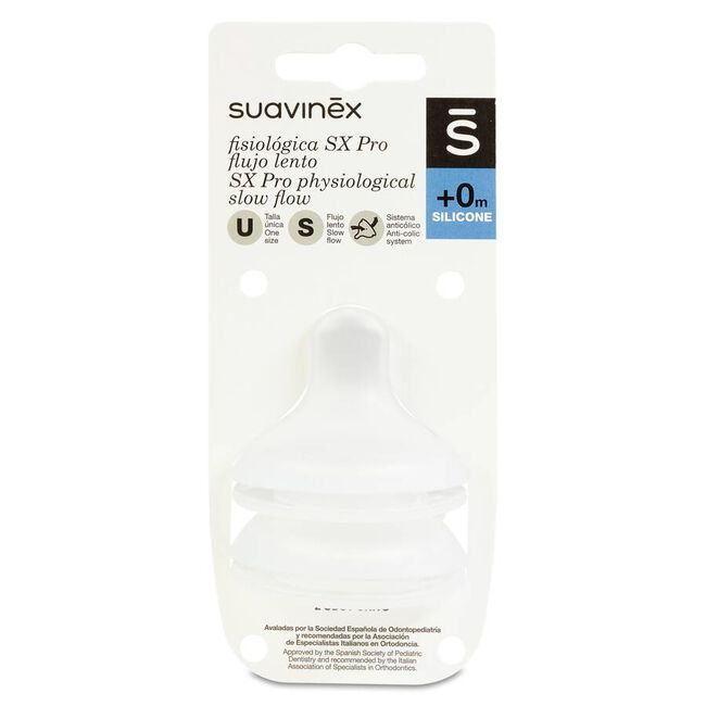 Suavinex Tetina Fisiológica Flujo S Silicona, 2 Unidades