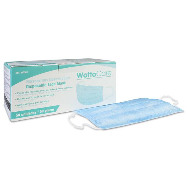 WottoCare Mascarillas Higi&eacute;nicas 3 Capas, 50 Uds