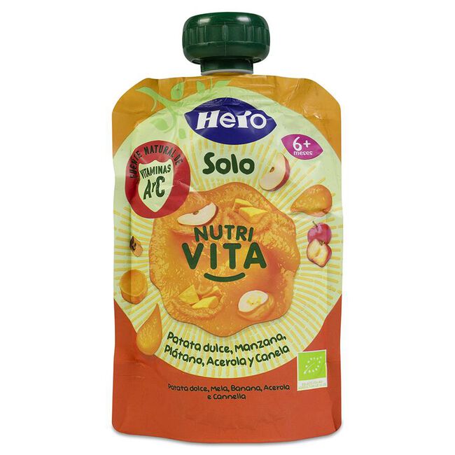 Bolsita de plátano, pera y naranja ecológica Hero Solo pack sin gluten 4  unidades de 100 g.