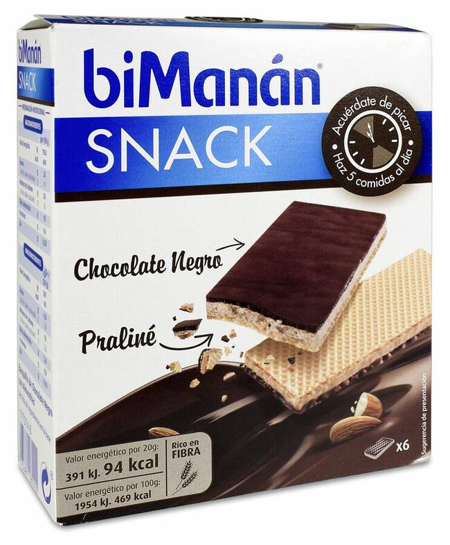 biManán Snack Barquillo Chocolate Negro y Praliné, 6 Uds