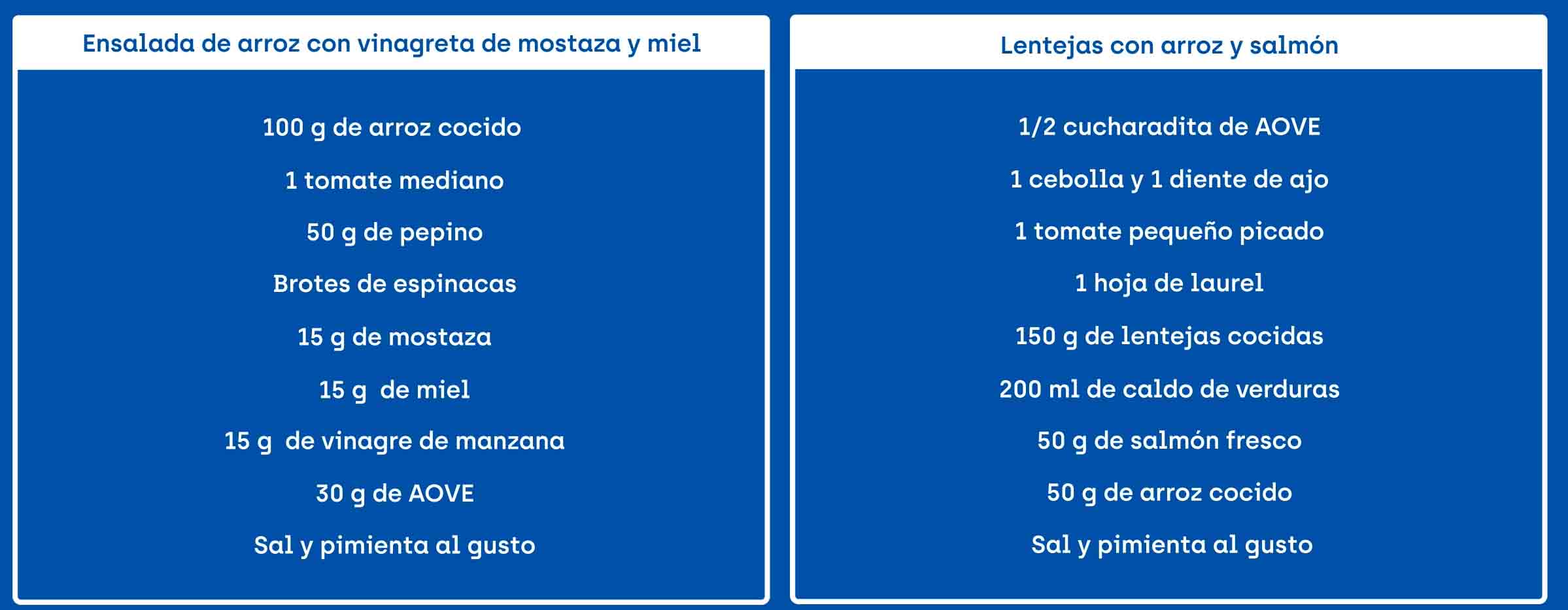 Ingredientes de la receta de ensalada de arroz con vinagreta de mostaza y miel y de la receta de lentejas con arroz y salmón.