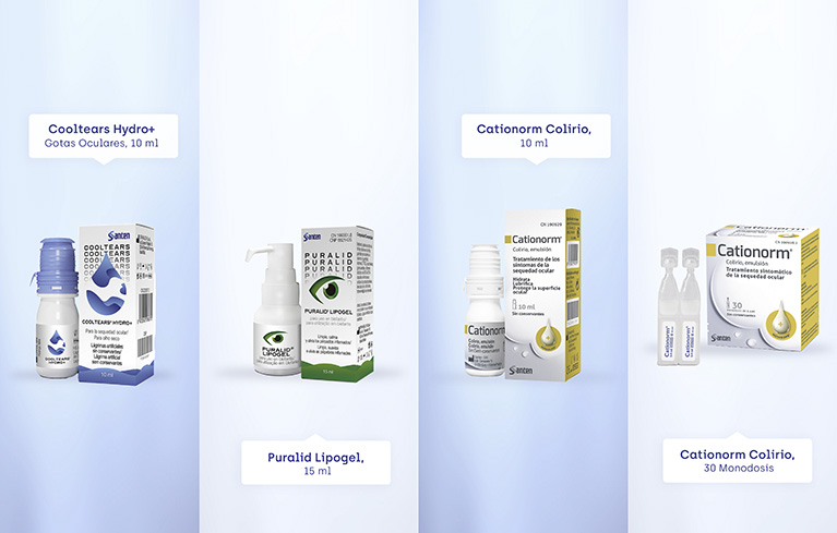 De izquierda a derecha, productos de Santen disponibles en Welnia: Cooltears Hydro+ Gotas Oculares, 10 ml; Puralid Lipogel, 15 ml; Cationorm Colirio, 10 ml; y Cationorm Colirio, 30 Monodosis.
