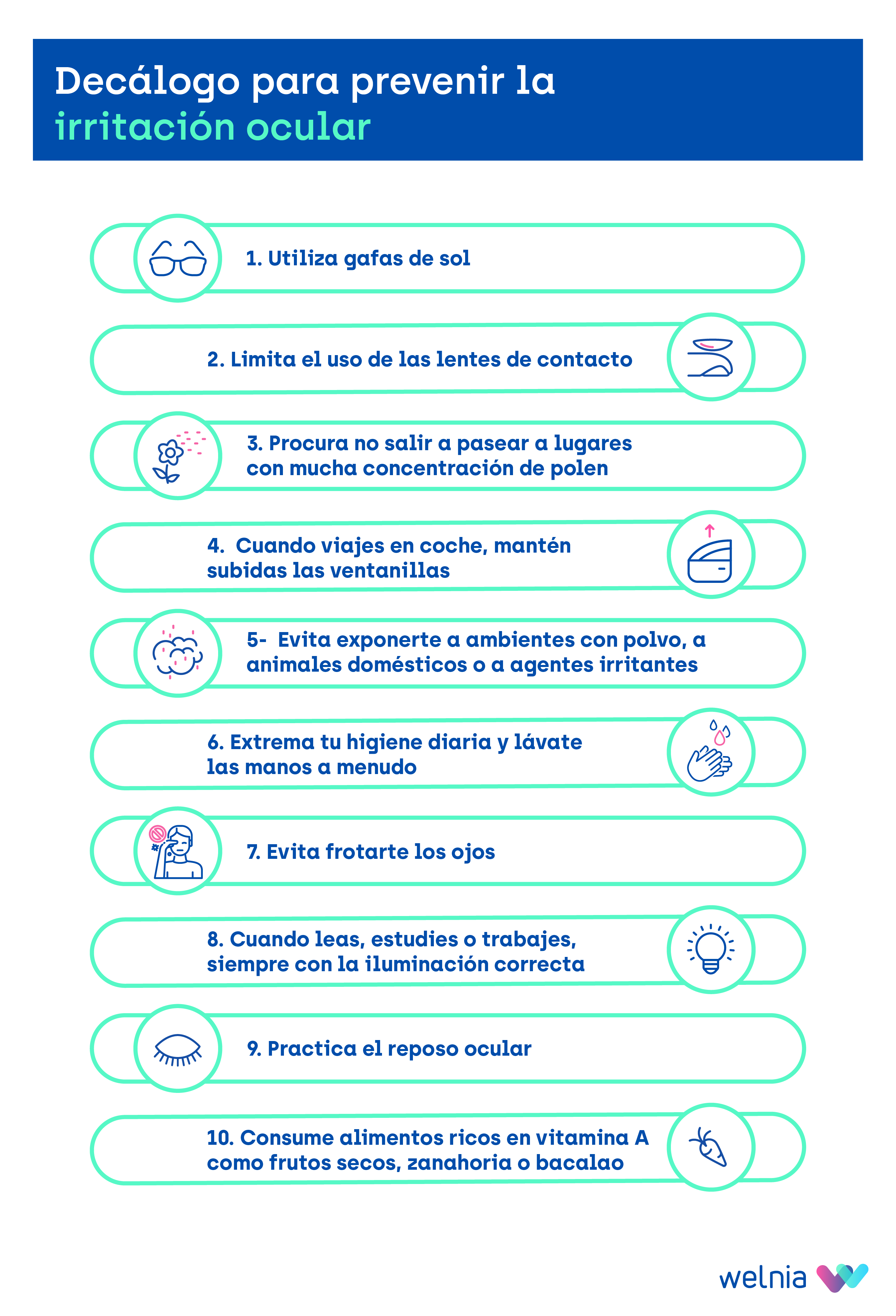 Infografía con decálogo para prevenir la irritación ocular.