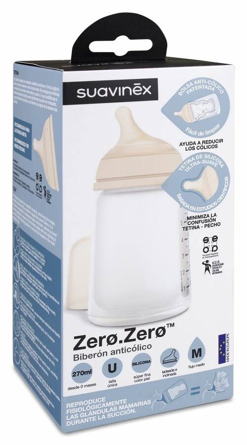 Comprar Suavinex Zero Zero Biberón Anticólicos 270 ml con Tetina de Flujo  Medio, 1 Ud